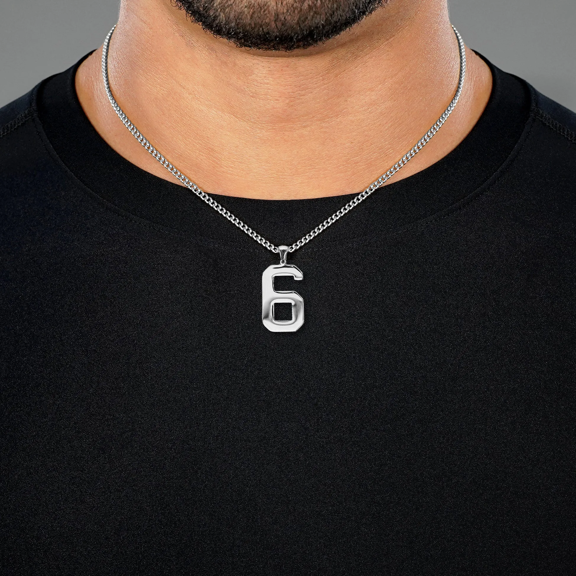 6 Number Pendant with Chain Necklace - Stainless Steel