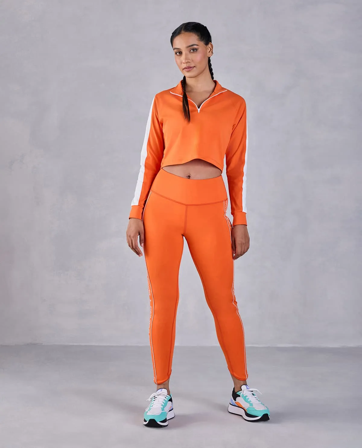 Full Sleeve Running Top & High Waisted Leggings In Second Skin Fabric Orange