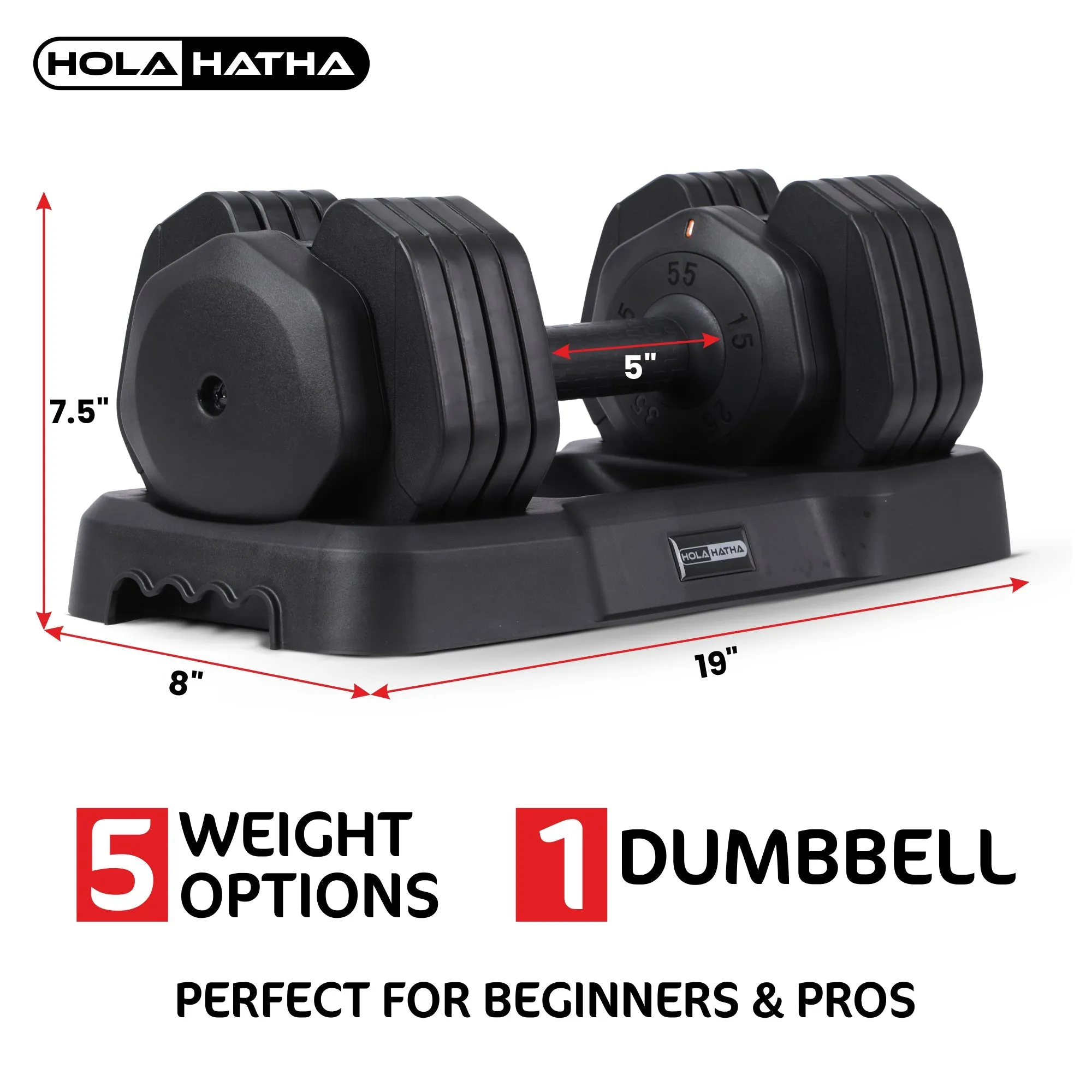 HolaHatha 5-in-1 Adjustable 15-55lb Dumbbell Home Gym Workout Equipment, Single