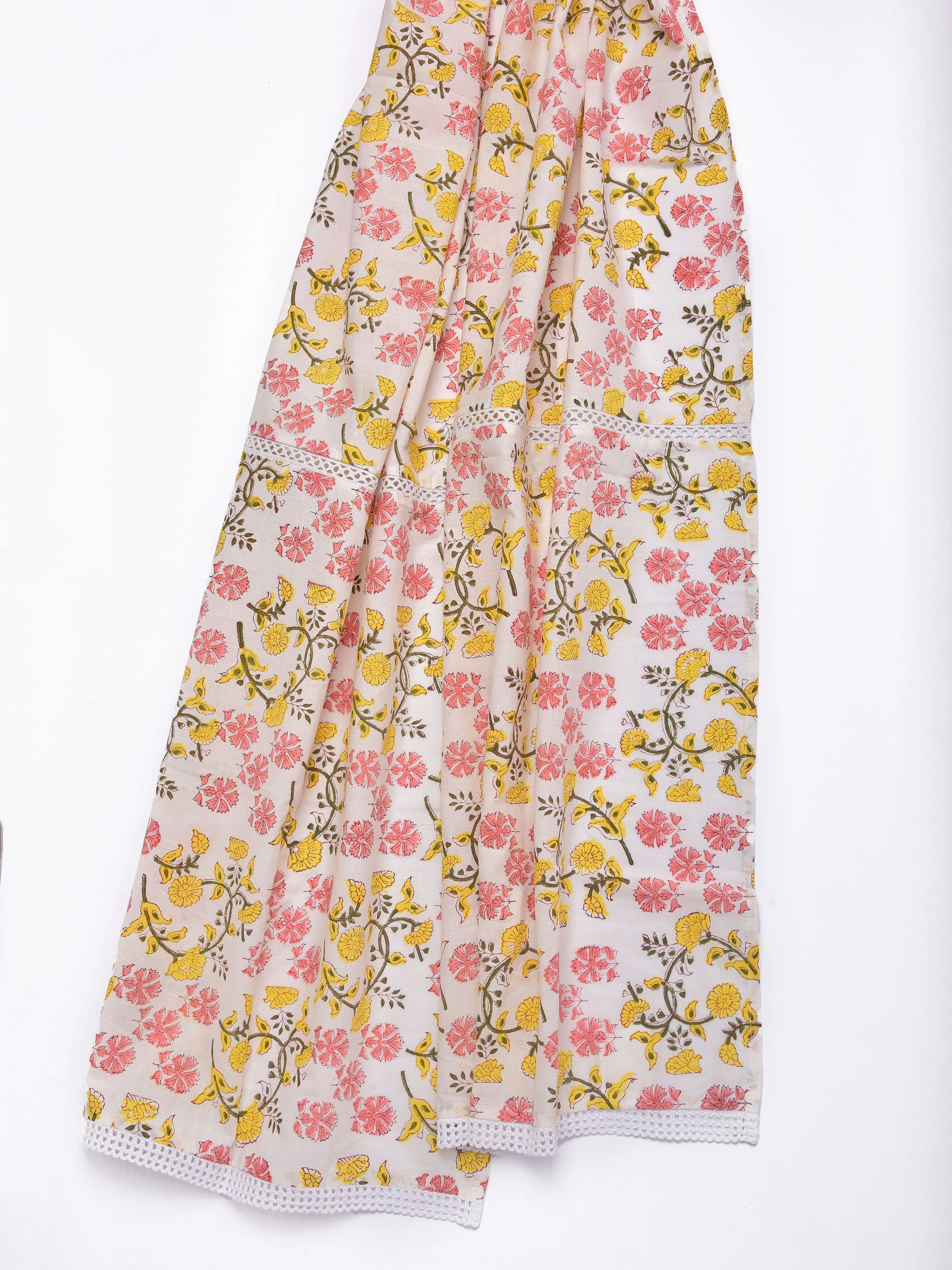 Pink Yellow Floral White Print Cotton Stole