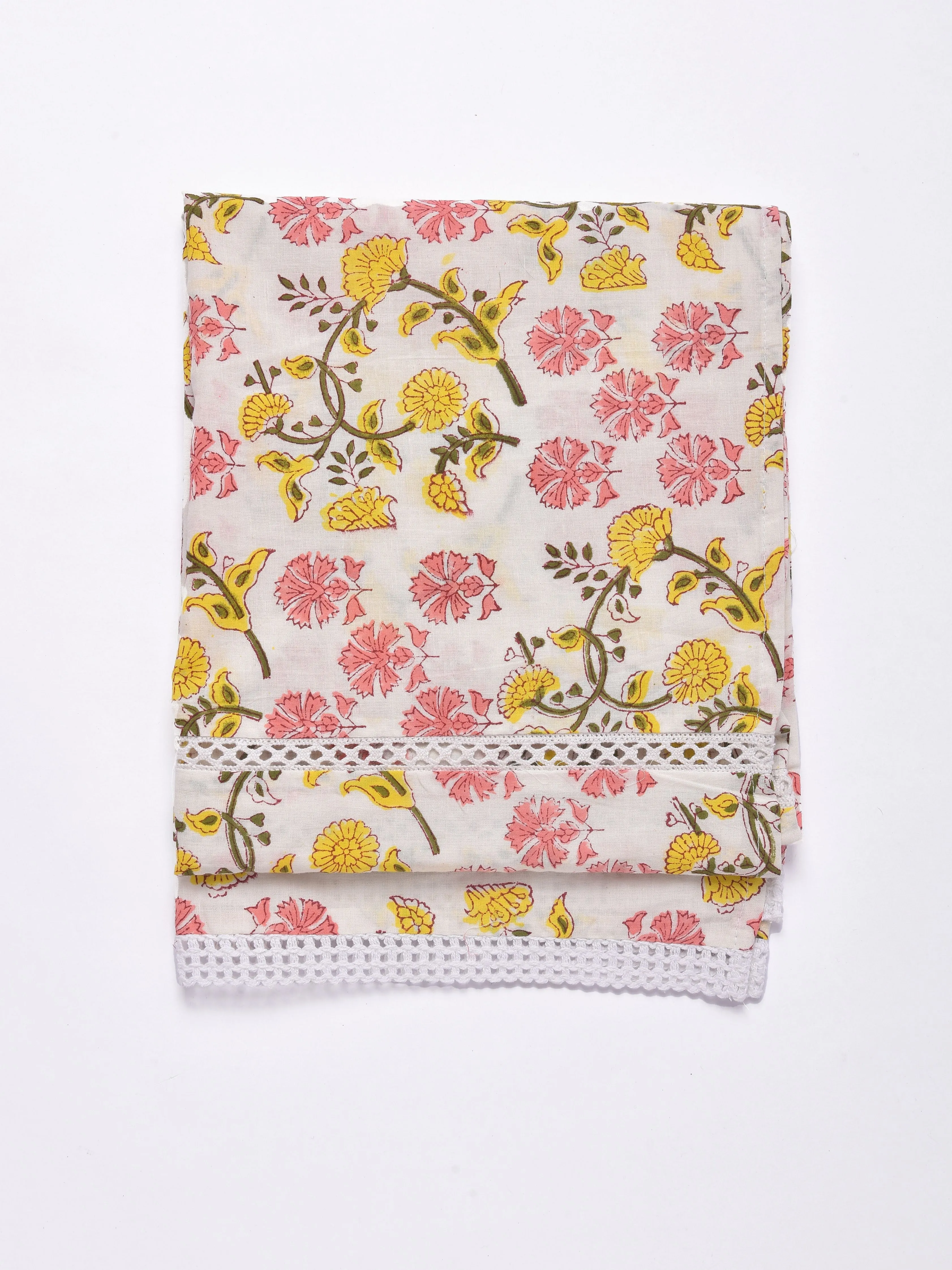 Pink Yellow Floral White Print Cotton Stole