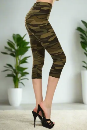 Womens Camouflage Capri Leggings, Soft Yoga Pants, Sizes 0-18, No-Roll Waist, Green